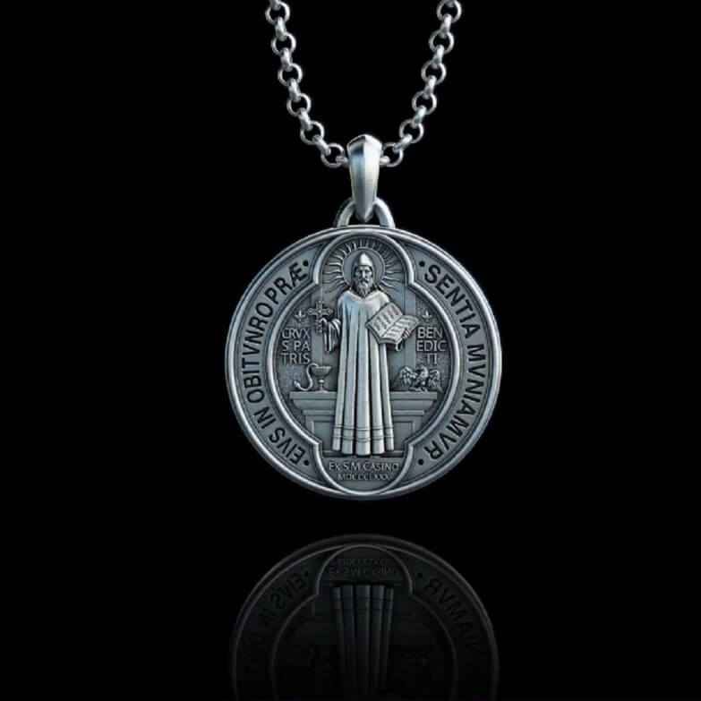 Double-sided Saint Benedict necklace in 925k silver.-Viarello