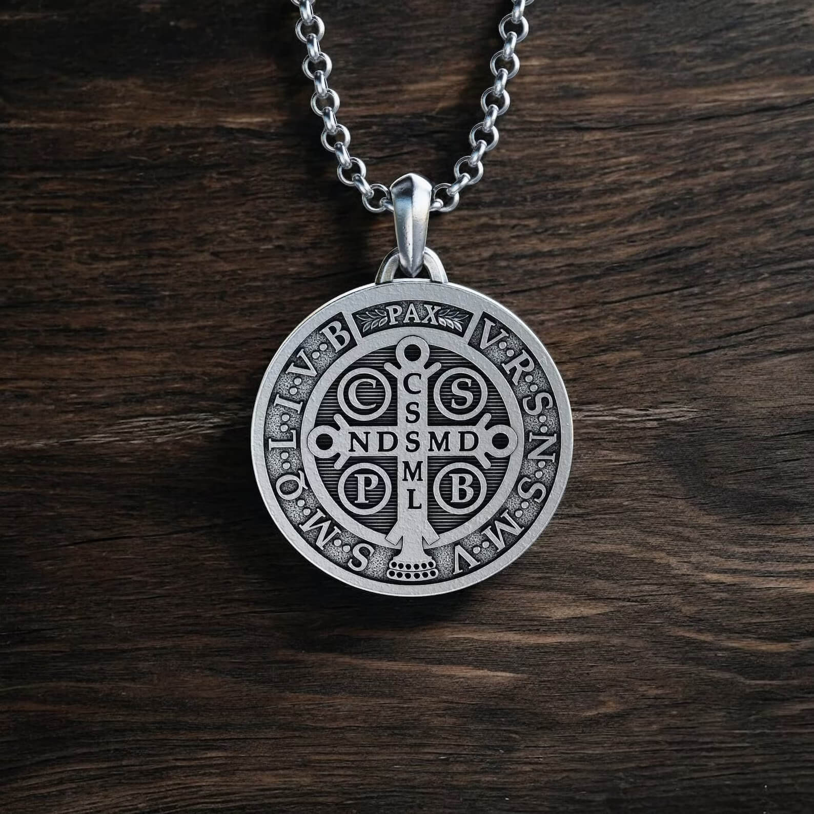 Double-sided Saint Benedict necklace in 925k silver.-Viarello
