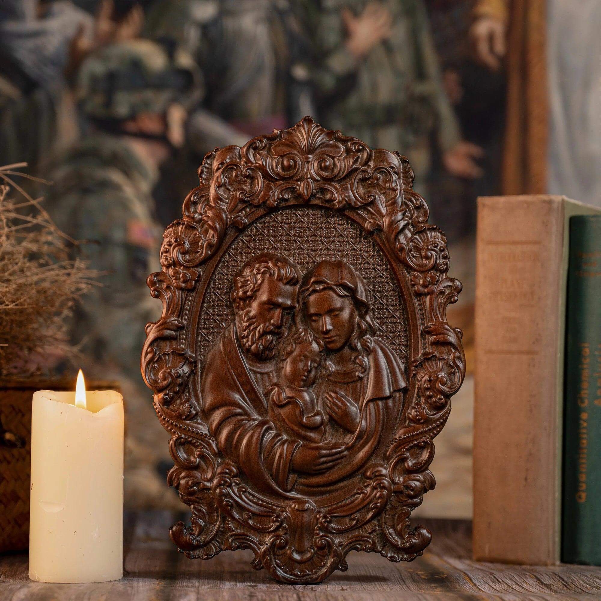 Sacred Family Sculpture in Wood — Painted-Viarello