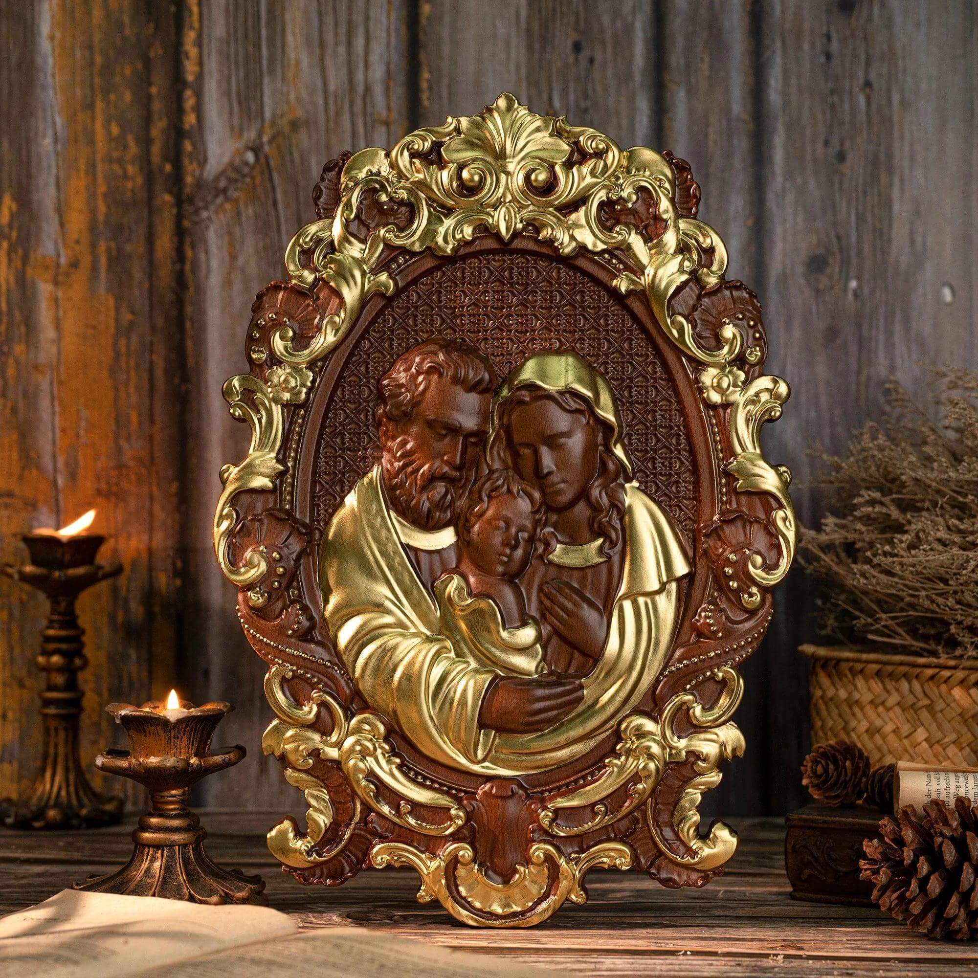 Sacred Family Sculpture in Wood — Painted-Viarello