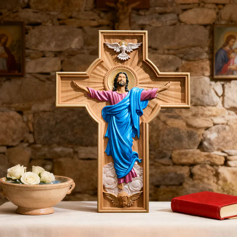 The Ascension of Christ - Hand-Painted Wooden Cross-Viarello