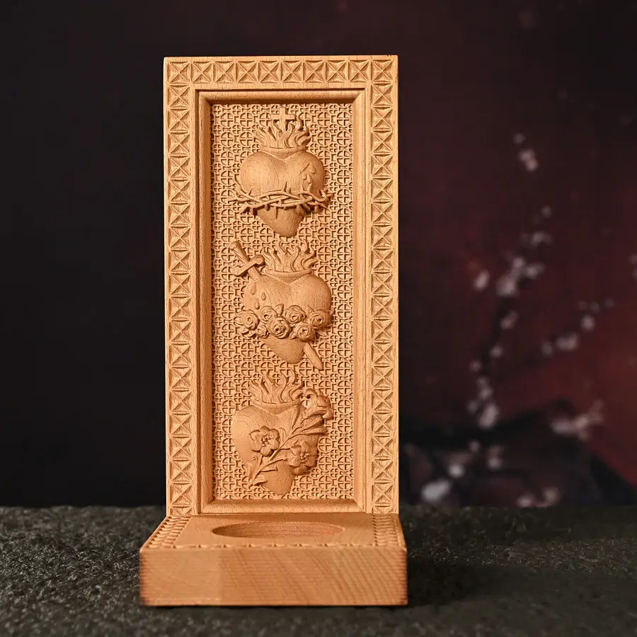 Wooden Candlestick with Three Sacred Hearts-Viarello
