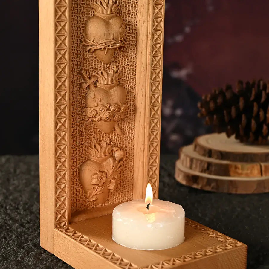 Wooden Candlestick with Three Sacred Hearts-Viarello