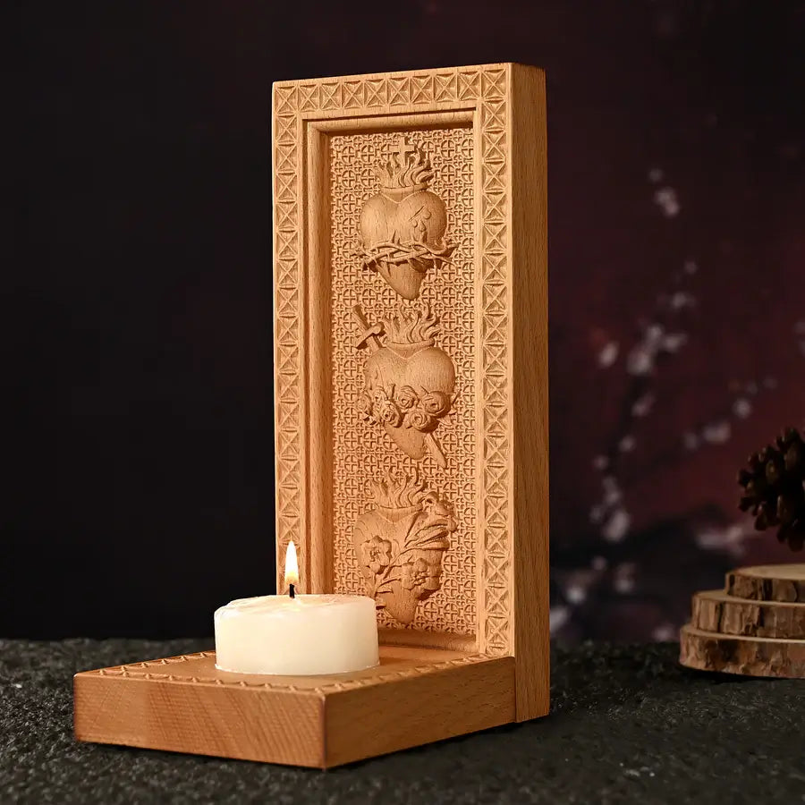 Wooden Candlestick with Three Sacred Hearts-Viarello