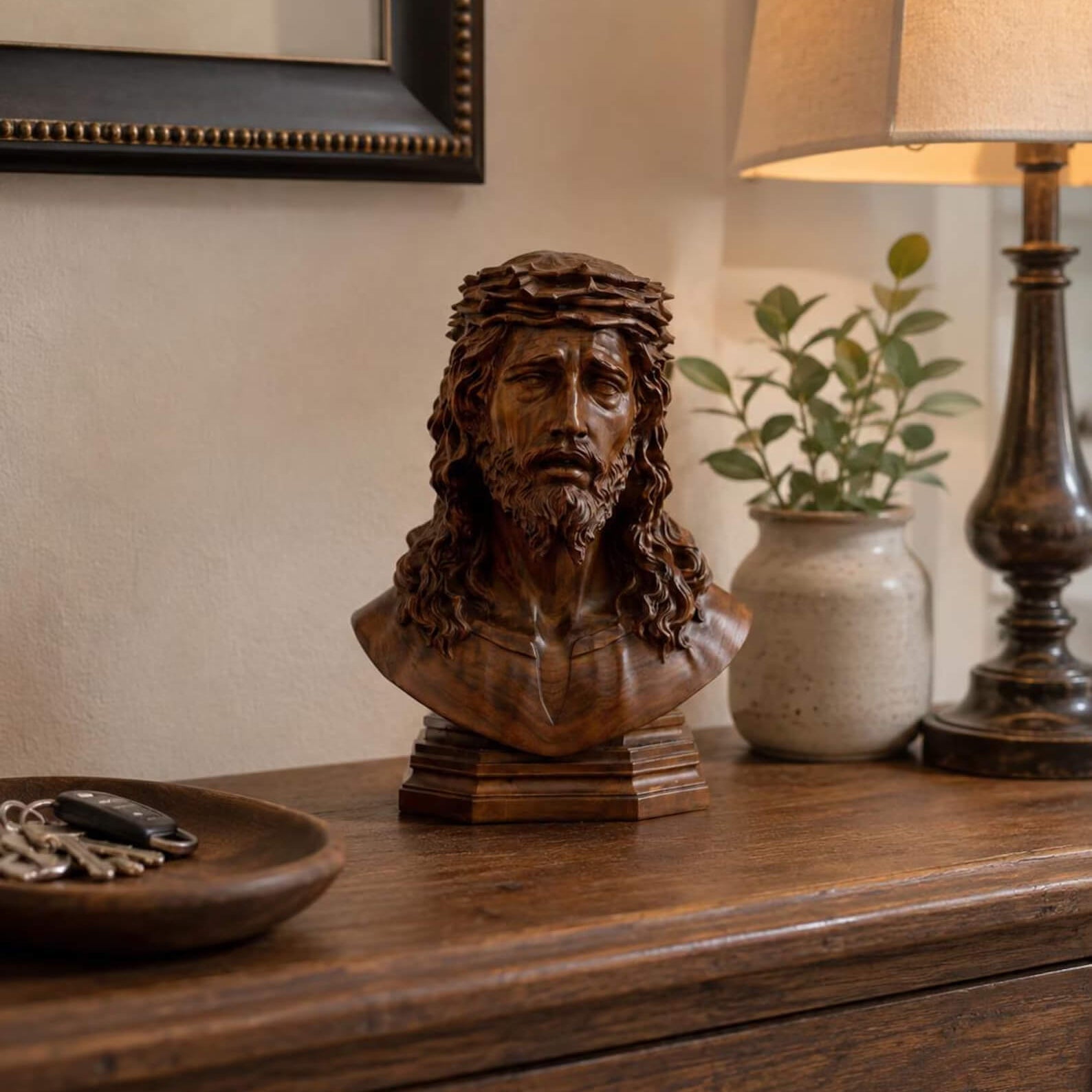 Bust of Jesus Christ Crowned with Thorns in Wood-Viarello