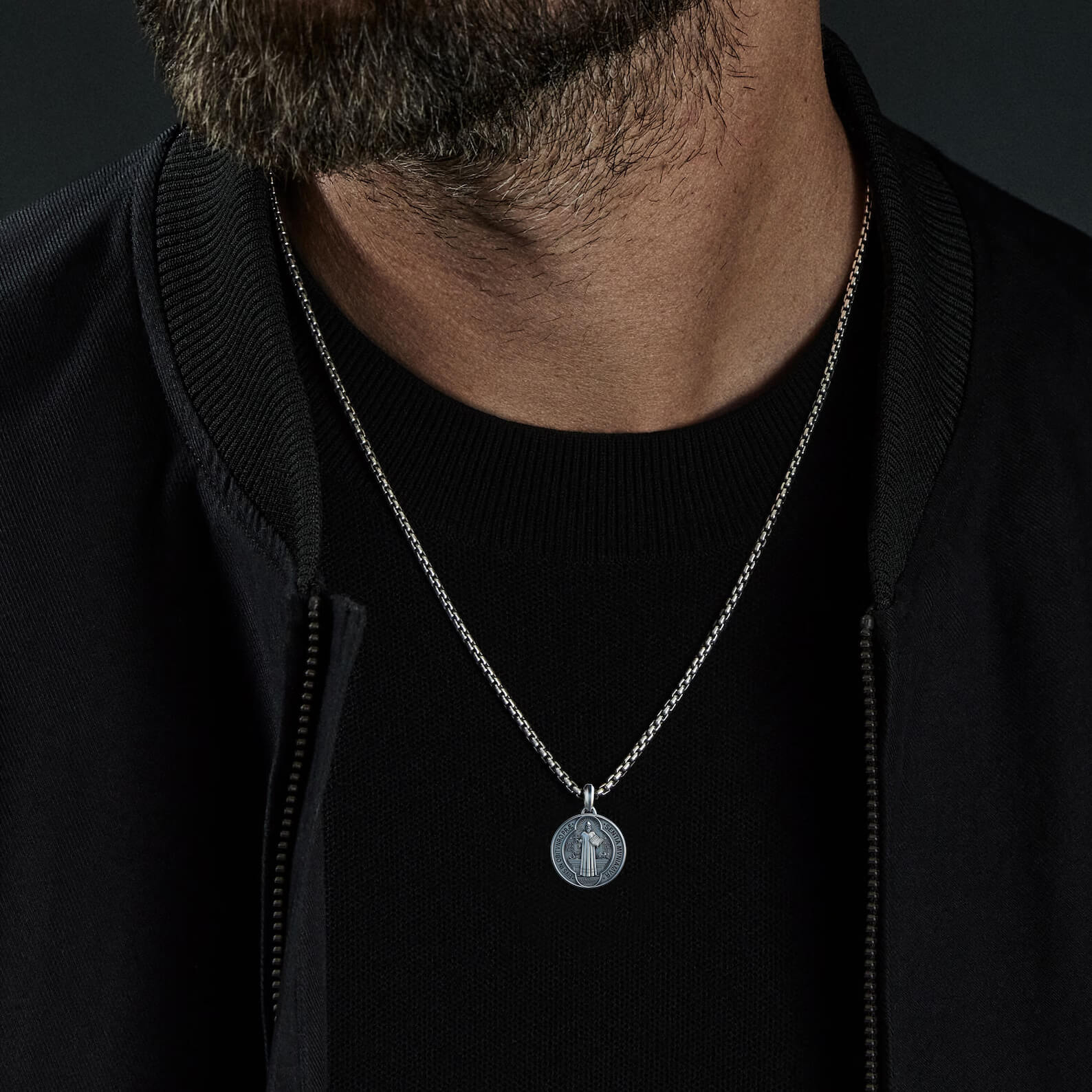 Double-sided Saint Benedict necklace in 925k silver.-Viarello