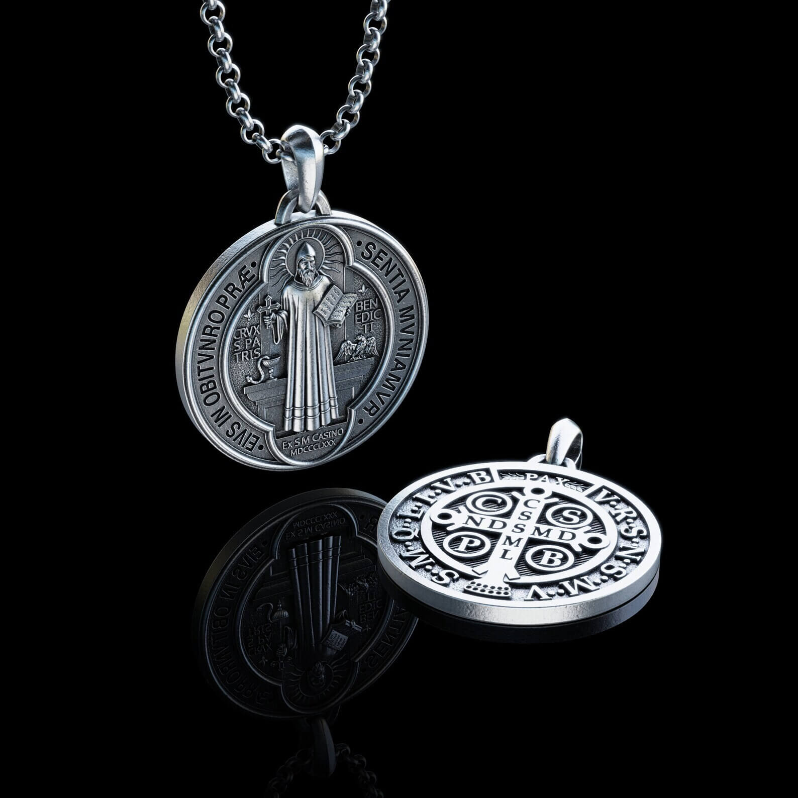 Double-sided Saint Benedict necklace in 925k silver.-Viarello