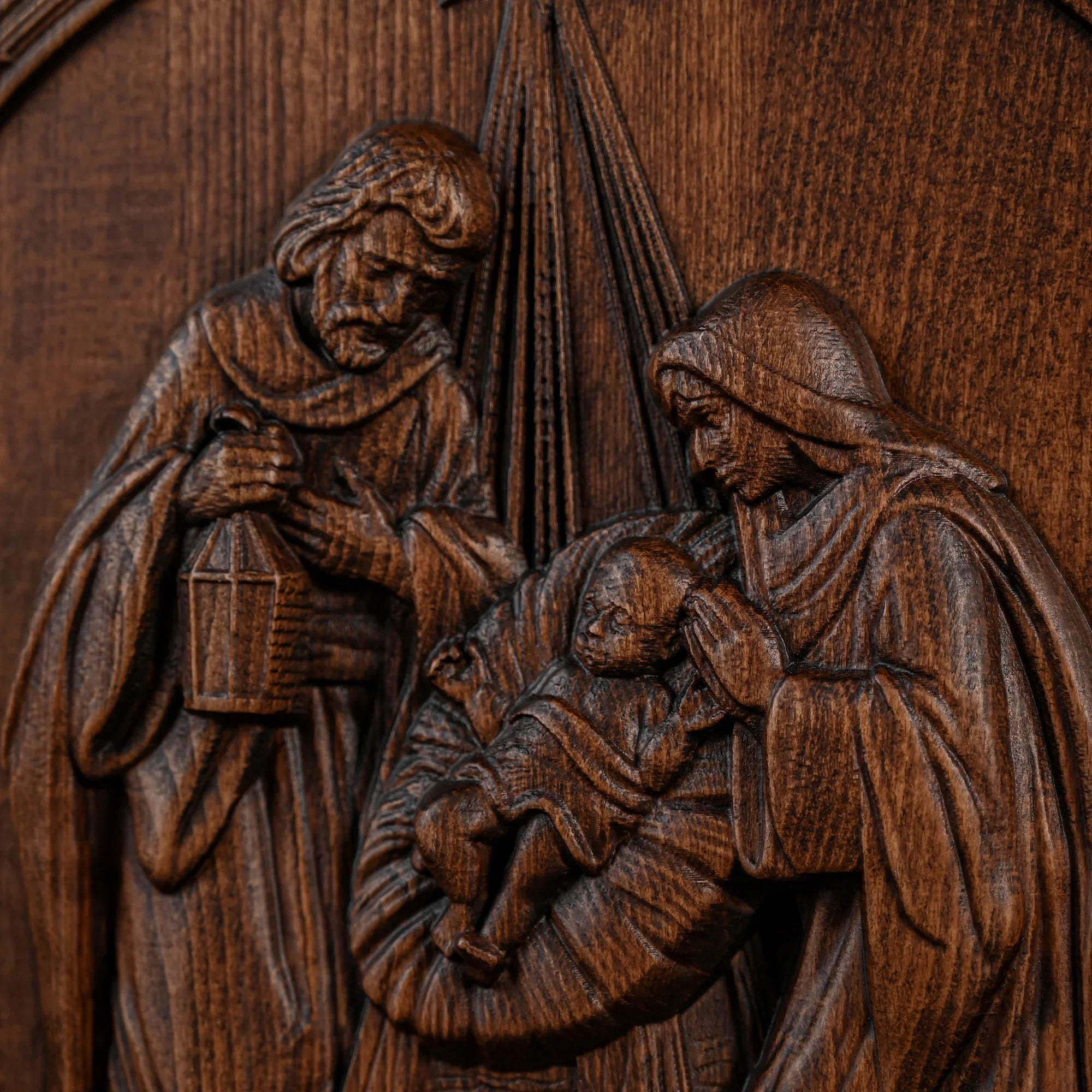 Nativity Scene Sculpture of Jesus, Mary, and Joseph in Wood-Viarello