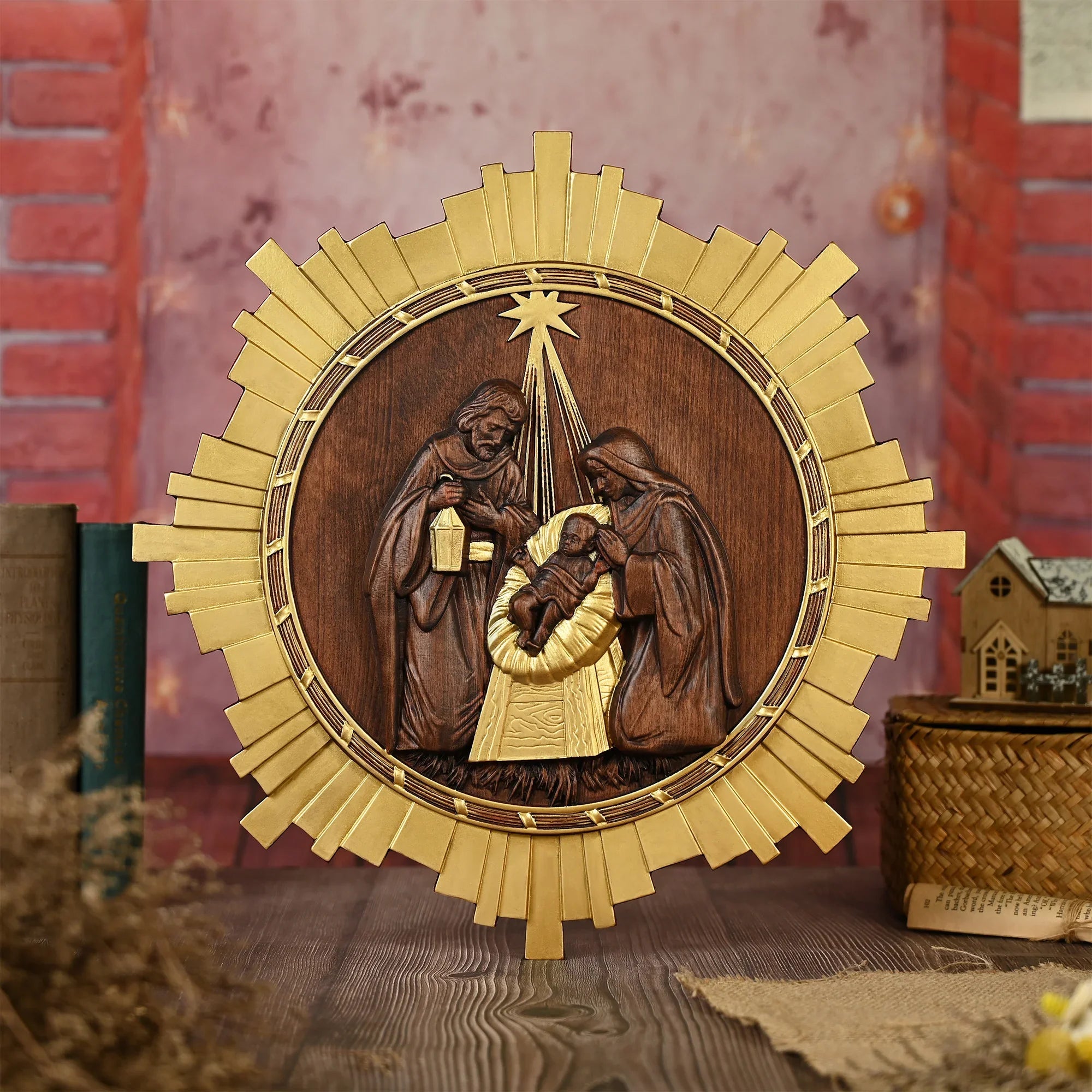 Nativity Scene Sculpture of Jesus, Mary, and Joseph in Wood-Viarello