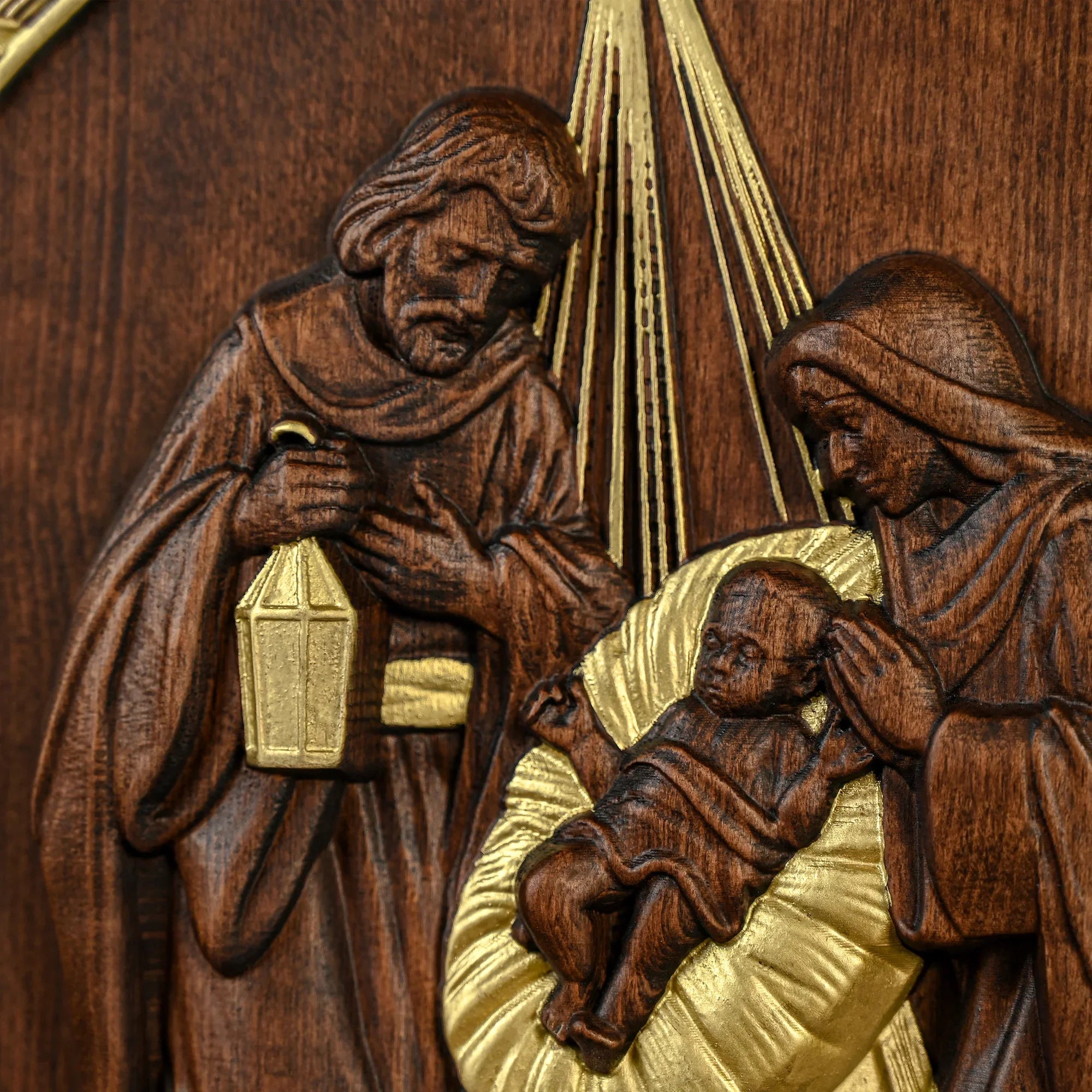 Nativity Scene Sculpture of Jesus, Mary, and Joseph in Wood-Viarello