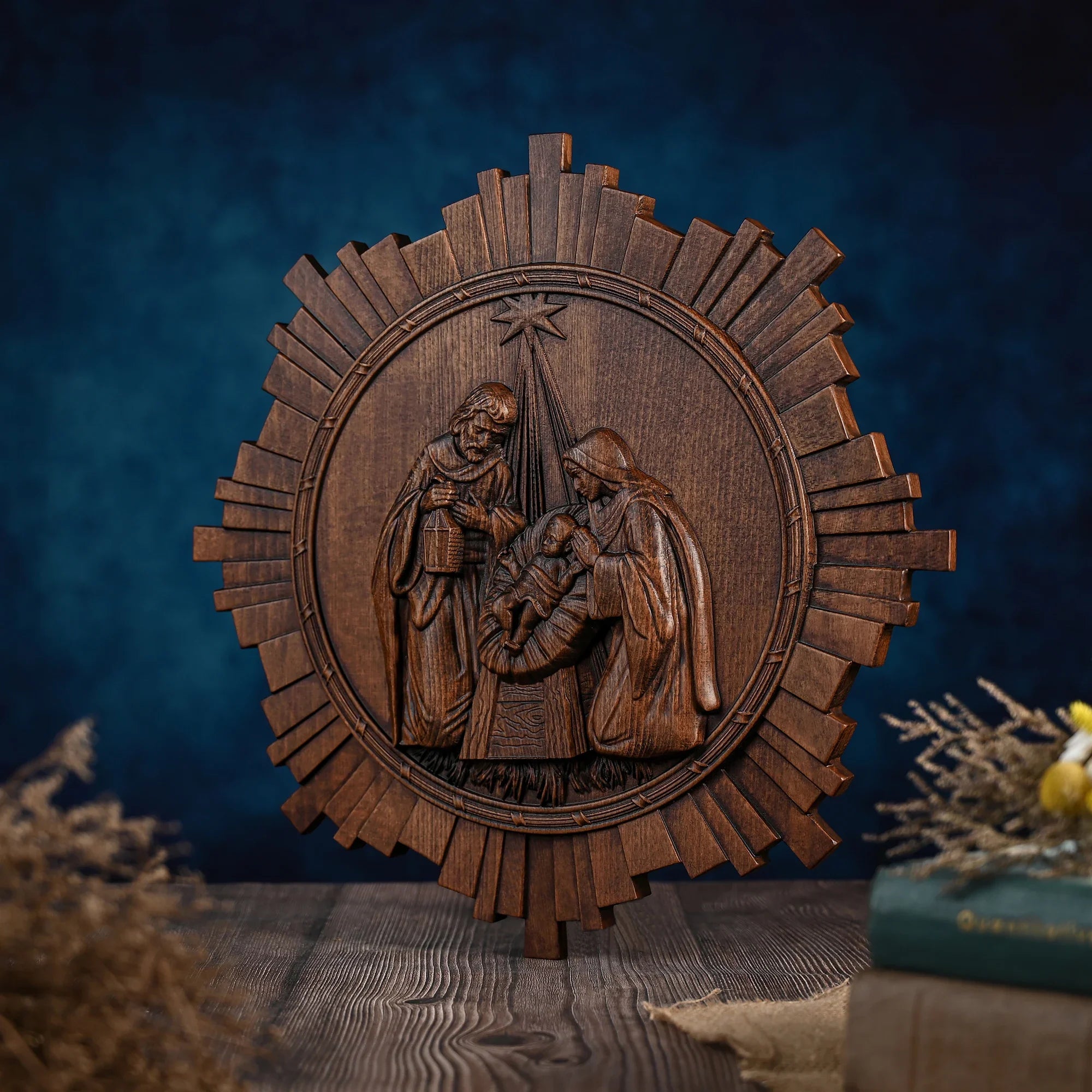 Nativity Scene Sculpture of Jesus, Mary, and Joseph in Wood-Viarello