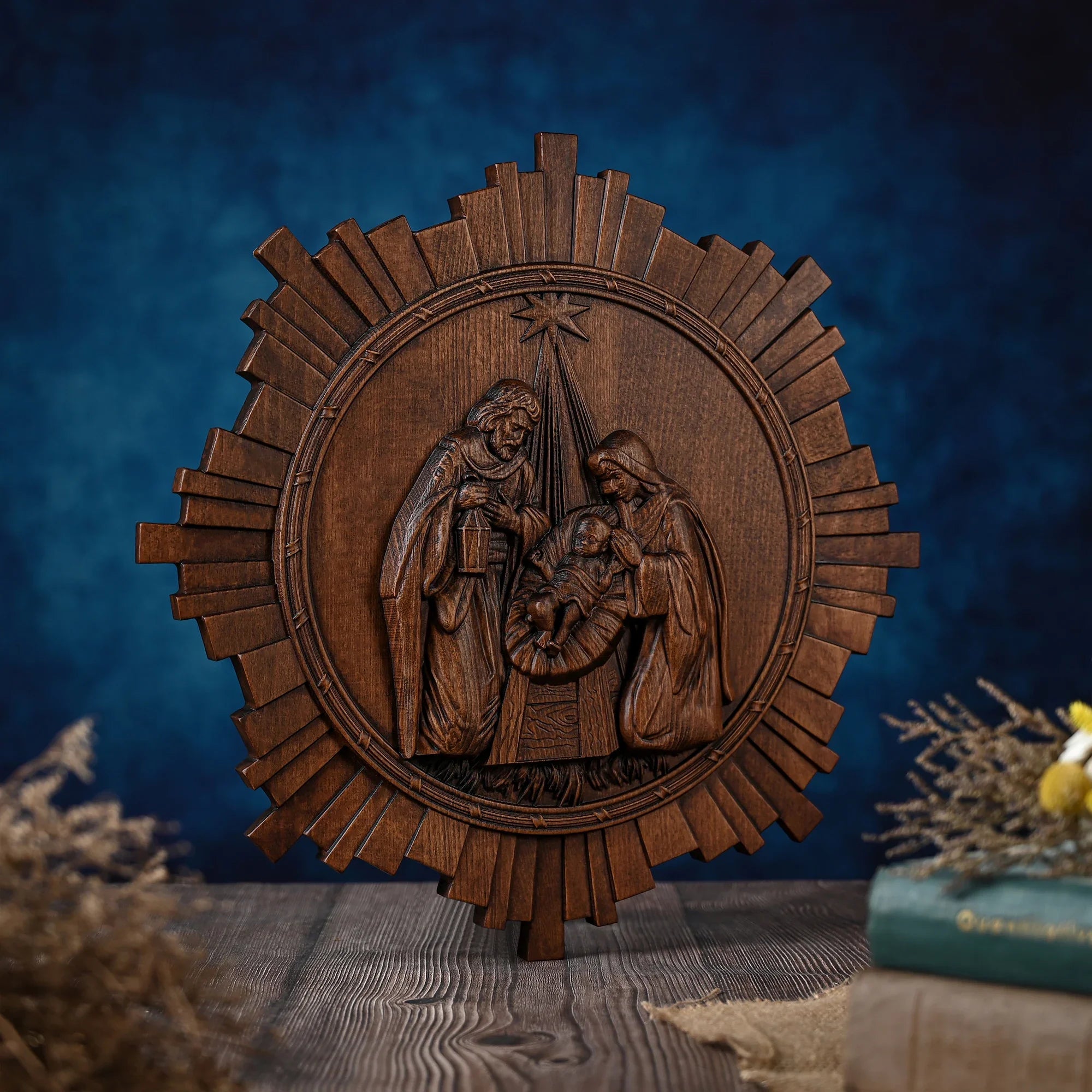 Nativity Scene Sculpture of Jesus, Mary, and Joseph in Wood-Viarello