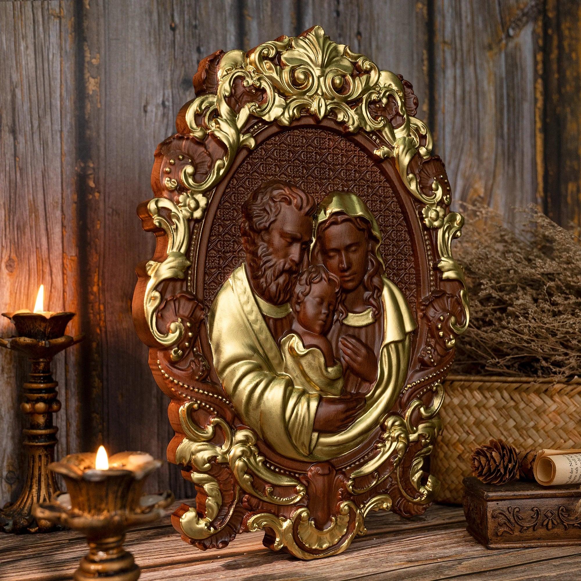 Sacred Family Sculpture in Wood — Painted-Viarello