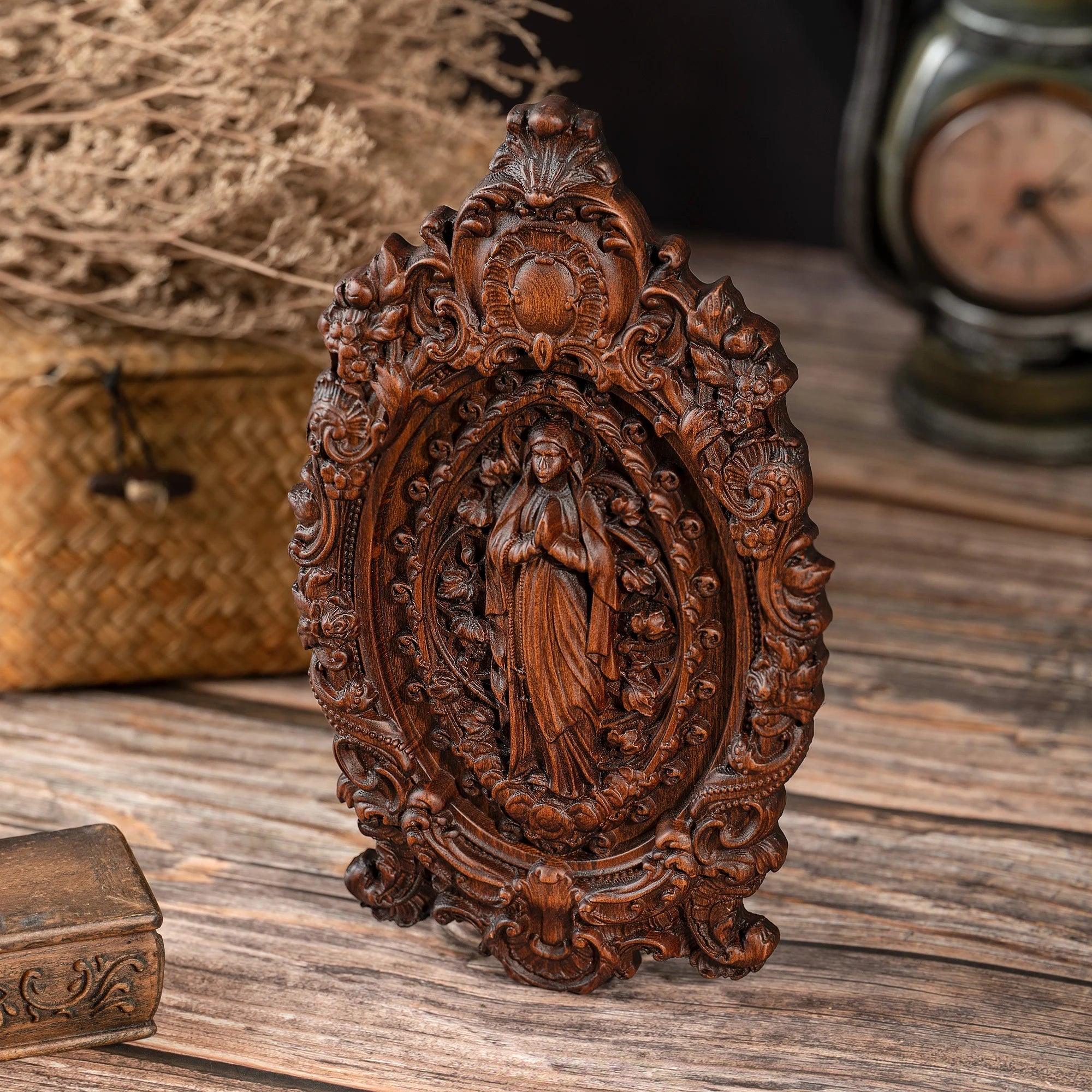 Virgin Mary Sculpture with Leaves, Wood-Viarello