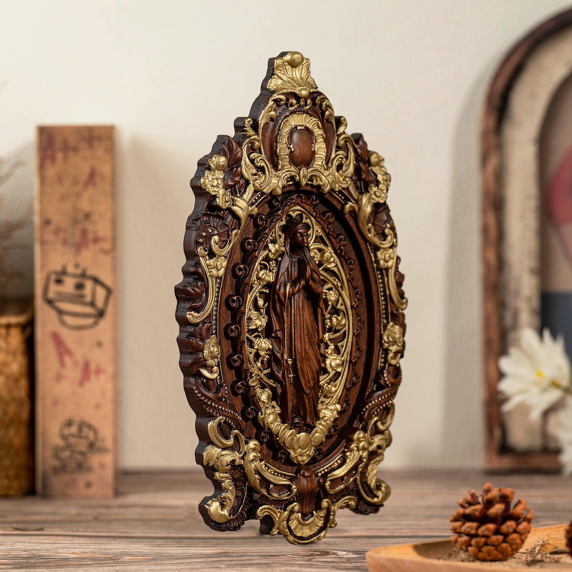 Virgin Mary Sculpture with Leaves, Wood-Viarello