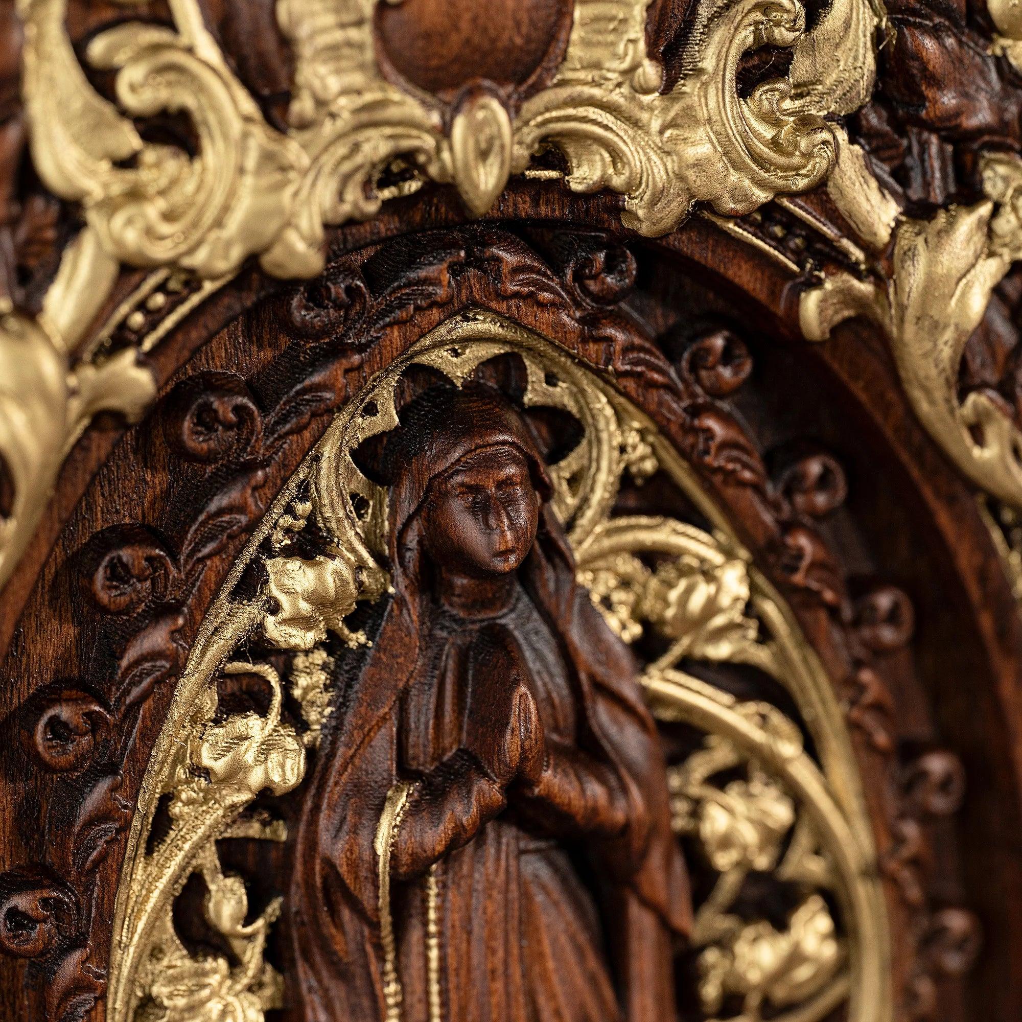 Virgin Mary Sculpture with Leaves, Wood-Viarello