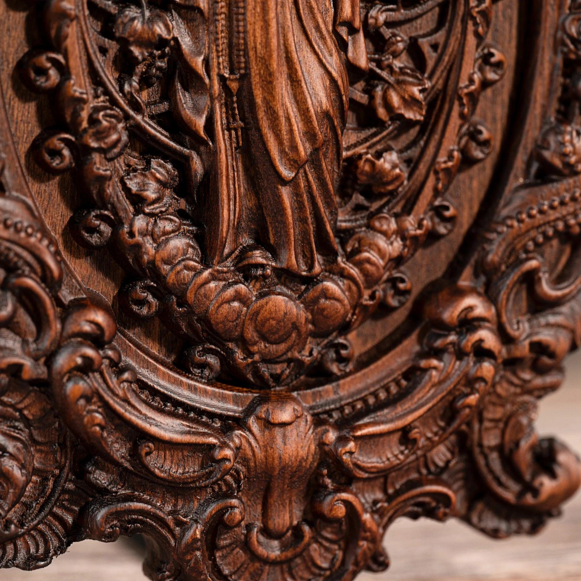 Virgin Mary Sculpture with Leaves, Wood-Viarello