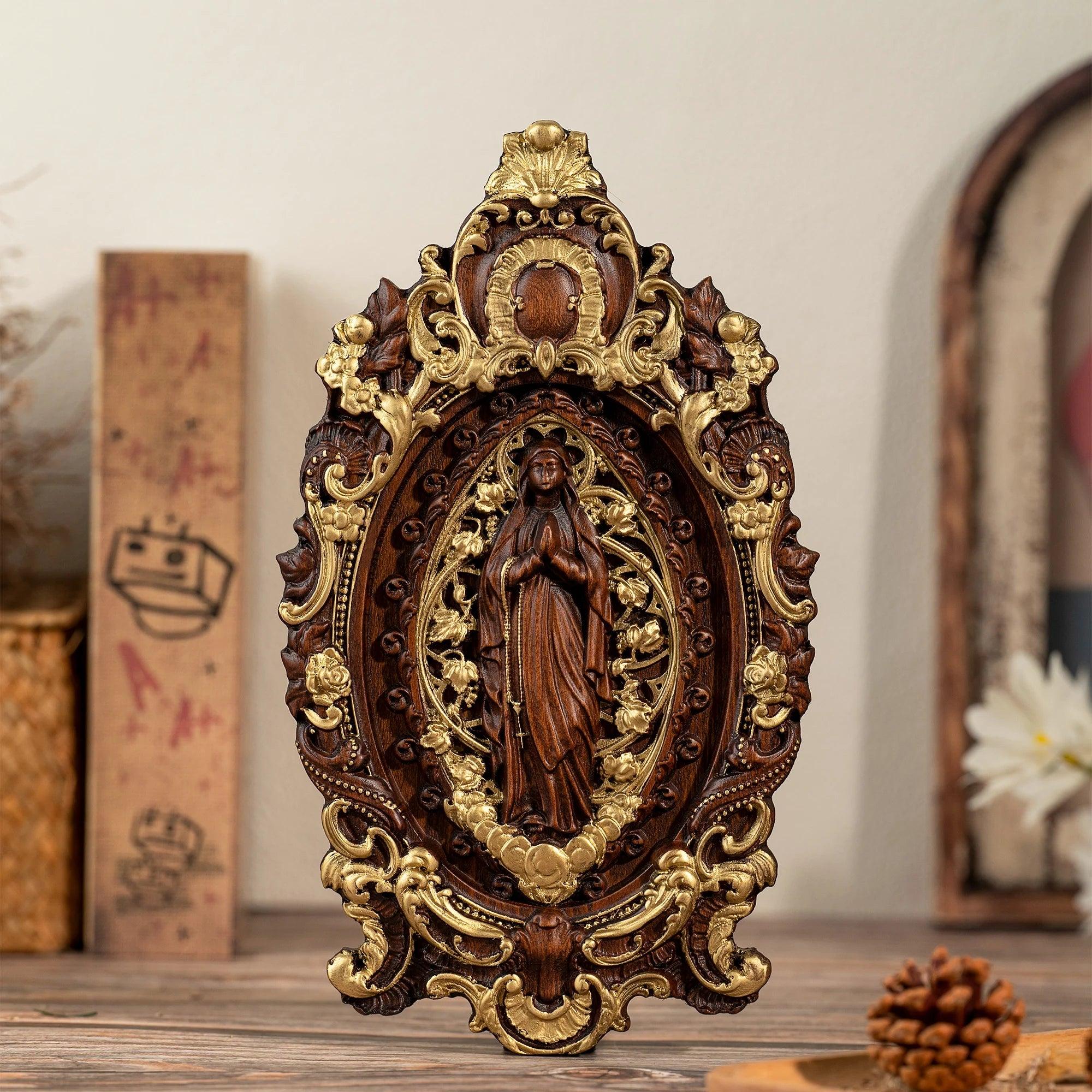 Virgin Mary Sculpture with Leaves, Wood-Viarello
