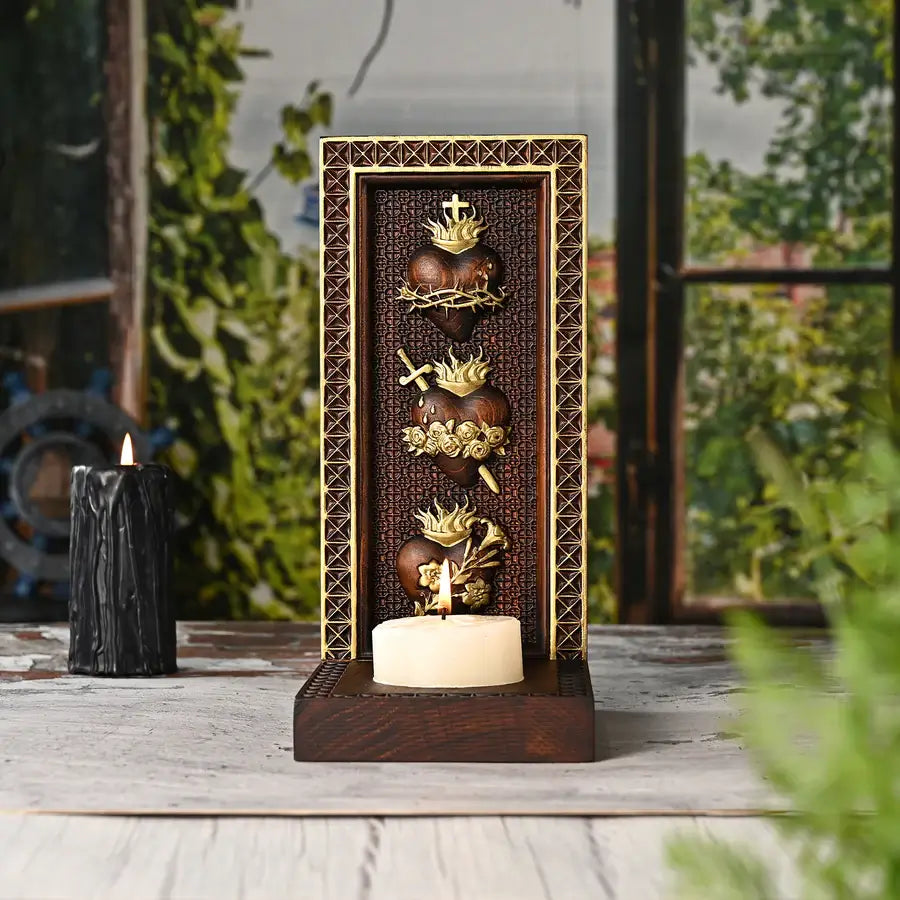 Wooden Candlestick with Three Sacred Hearts-Viarello