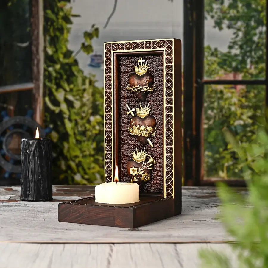 Wooden Candlestick with Three Sacred Hearts-Viarello