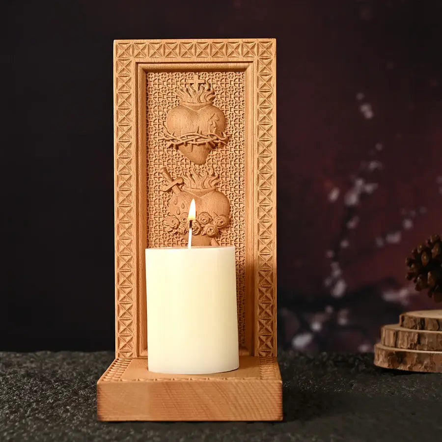 Wooden Candlestick with Three Sacred Hearts-Viarello