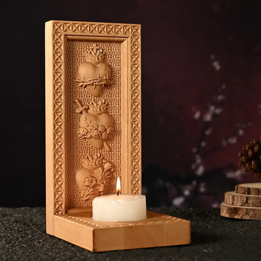 Wooden Candlestick with Three Sacred Hearts-Viarello