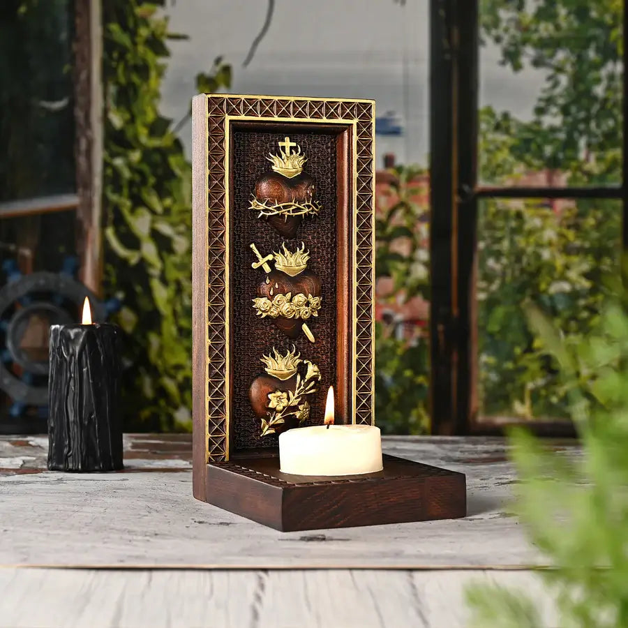 Wooden Candlestick with Three Sacred Hearts-Viarello